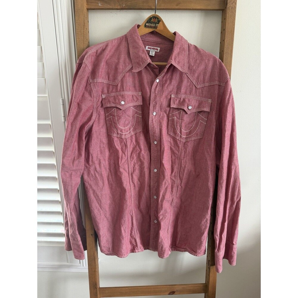 True Religion Men's Pearl Snap Long Sleeve Salmon Western Cowboy Shirt 2XL Rare